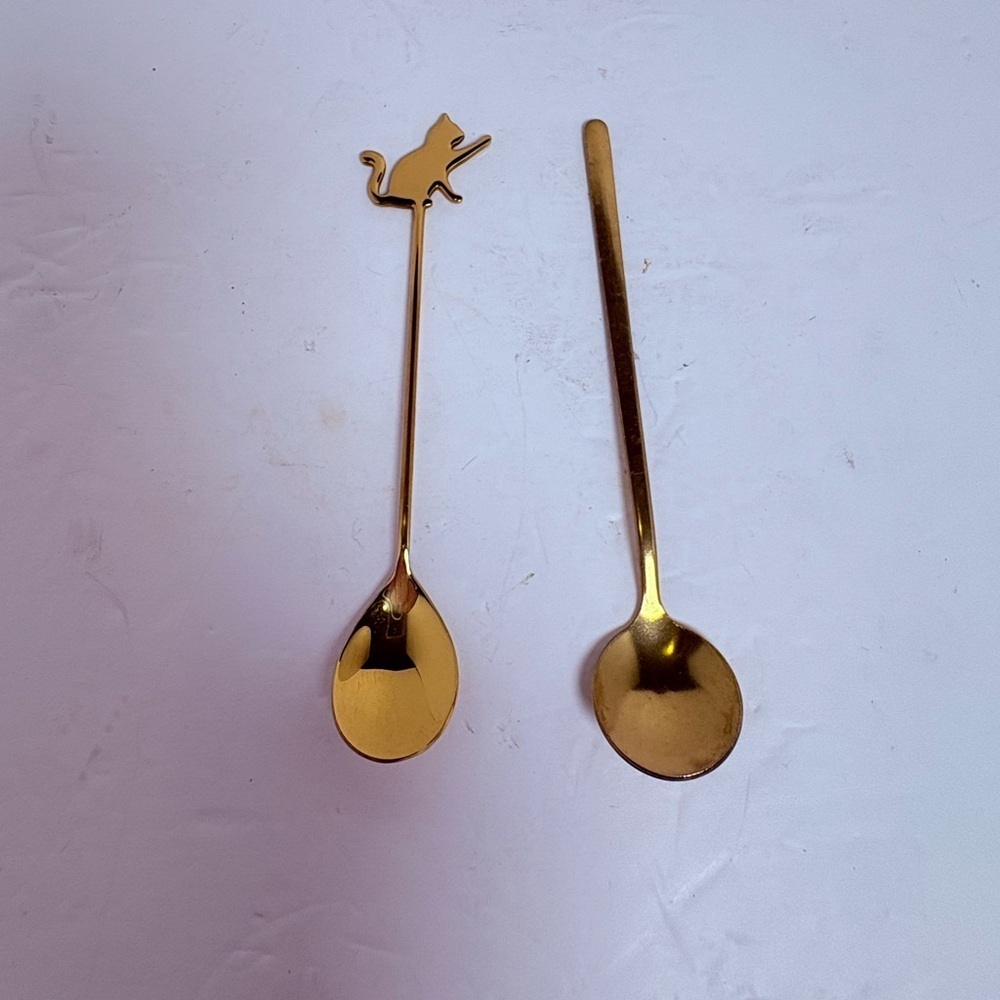 Vintage Gold Colored Cat Stirring Spoon and Regular Spoon